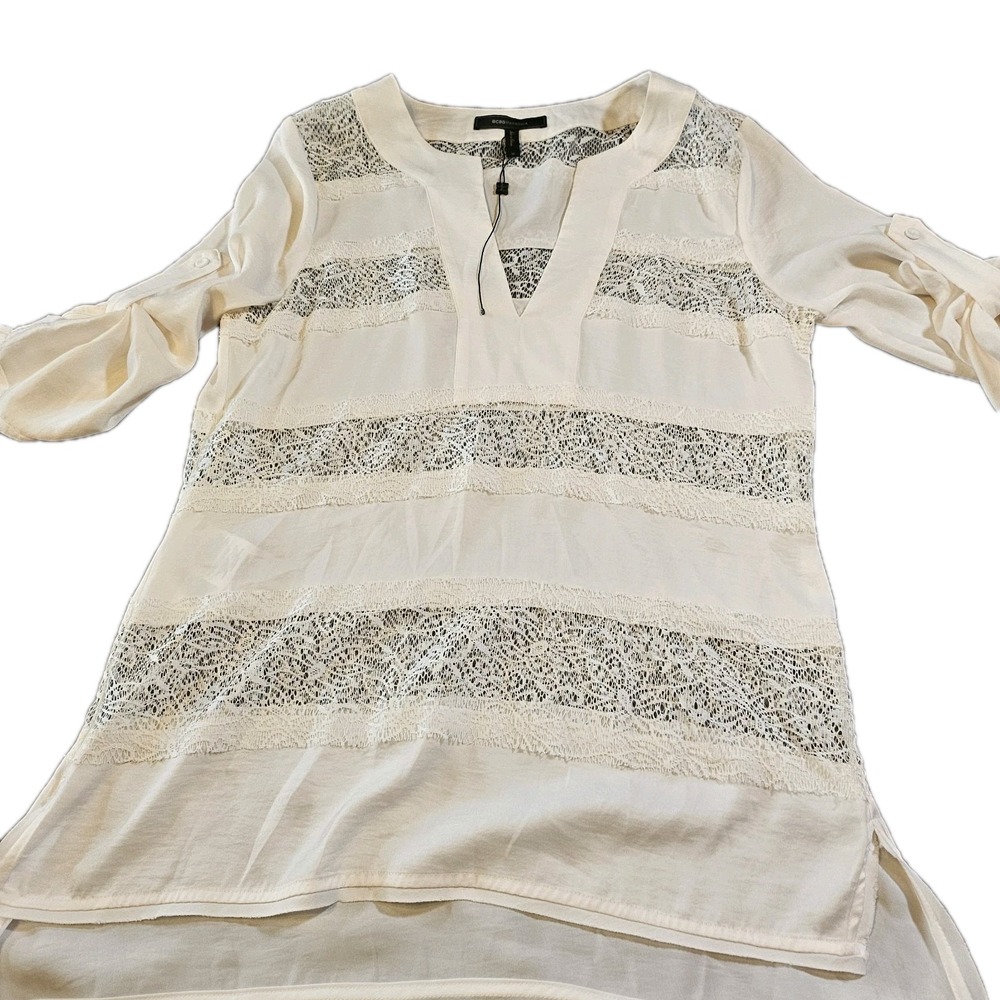 BCBG Maxazria Gardenia Cream Lace Panel Roll Tab Womens Top SZ M Boho,Classic,